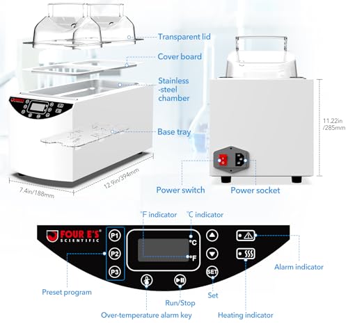 FOUR E'S SCIENTIFIC - Baño de agua de laboratorio 5L, termostático digital, RT+5 °C a 99 °C, control de temperatura preciso, 2 cámaras de acero inoxidable, visualización LED