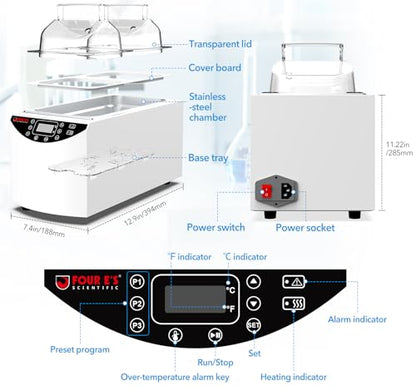 FOUR E'S SCIENTIFIC - Baño de agua de laboratorio 5L, termostático digital, RT+5 °C a 99 °C, control de temperatura preciso, 2 cámaras de acero inoxidable, visualización LED