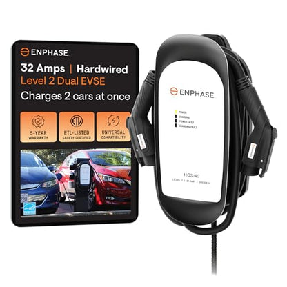Enphase - Cargador dual EV de nivel 2, certificado de seguridad, 32 amperios, 240 V, cableado, cables de 25 pies, J1772, compatible con vehículos eléctricos de EE. UU., HCS-D40 #883-01931
