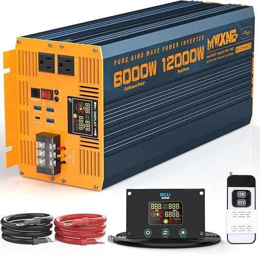 Inversor de corriente de 6000 vatios de onda sinusoidal pura de 48 V CC a 110 V 120 V Inversor resistente con control remoto y pantalla LED, 4 puertos USB/tipo C y 2 salidas de CA Cargador de