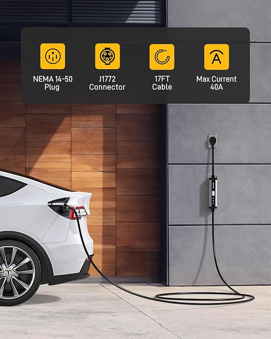 Cargador EV portátil de nivel 2 – 40 A 240 V EVSE con enchufe NEMA 14-50, 9.6 kW, cable de 25 pies, certificado ETL, estación de carga eléctrica eléctrica doméstica ajustable 40A/32A/24A/16A - YGB03