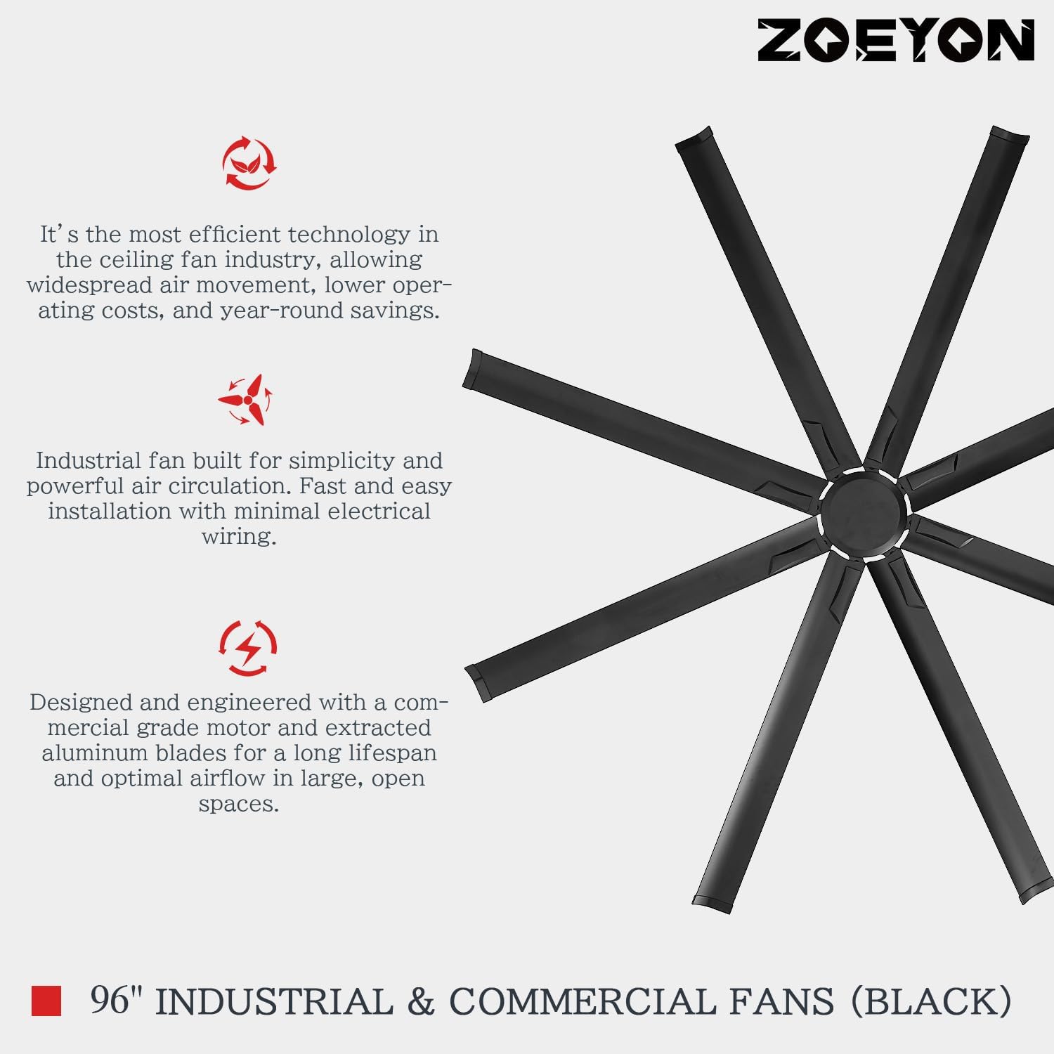 ZOEYON 96IN-Black- Ventilador de techo industrial de 96 pulgadas - Ventilador de techo grande con motor CC, 3 varillas de suspensión, control remoto de 6 velocidades, 8 cuchillas reversibles de aluminio