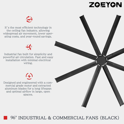 ZOEYON 96IN-Black- Ventilador de techo industrial de 96 pulgadas - Ventilador de techo grande con motor CC, 3 varillas de suspensión, control remoto de 6 velocidades, 8 cuchillas reversibles de aluminio