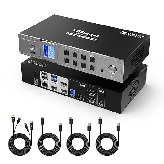 TESmart Conmutador KVM USB-C MST y EDID, 3 monitores, 2 computadoras HDMI+DisplayPort, conmutador KVM de 4K a 60 Hz, base de monitor triple para computadora portátil y escritorio, USB 3.0, carga para