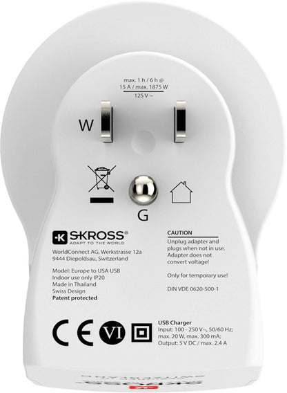 SKROSS - 1.500281 Europa a EE. UU. - Adaptador de Viaje Europa a EE. UU., 2 USB 5V/2.4A - Voltaje y alimentación 100V - 1500 W/250 V - 3750 W - Protección contra Golpes eléctricos
