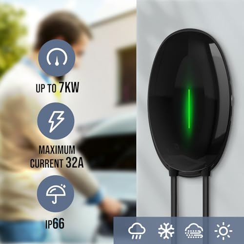 Teskee Cargador EV Tipo 2 Wallbox Home EV estación de Carga de Coche para Todos los vehículos eléctricos y Coches híbridos Plug-in en Exteriores e Interiores | Máximo 7,2 kW 32 A 6 Metros 1 Fase