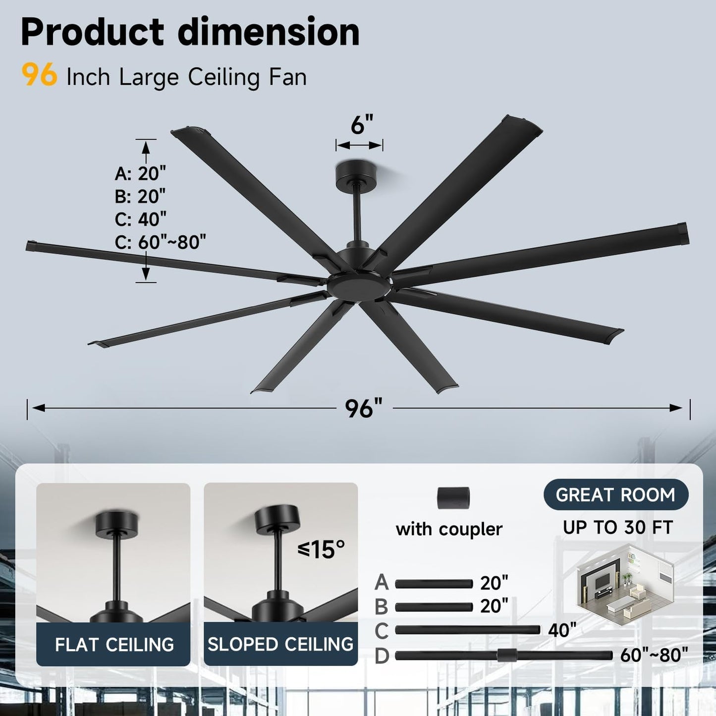 ZOEYON 96IN-Black- Ventilador de techo industrial de 96 pulgadas - Ventilador de techo grande con motor CC, 3 varillas de suspensión, control remoto de 6 velocidades, 8 cuchillas reversibles de aluminio