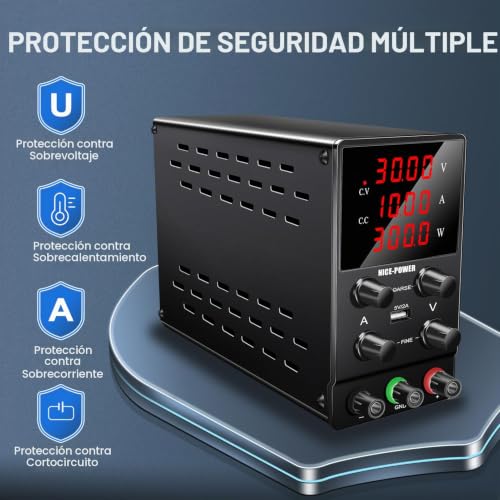 NICE-POWER SPS3010 Fuente de alimentación CC variable: 30V 10A Fuente de alimentación de conmutación ajustable regulada de alta precisión con pantalla LED de 4 dígitos, salida de cable de prueba de puerto USB