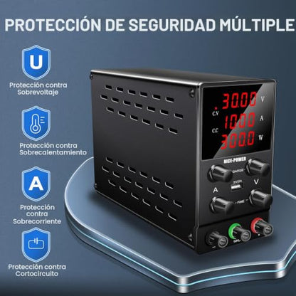 NICE-POWER SPS3010 Fuente de alimentación CC variable: 30V 10A Fuente de alimentación de conmutación ajustable regulada de alta precisión con pantalla LED de 4 dígitos, salida de cable de prueba de puerto USB