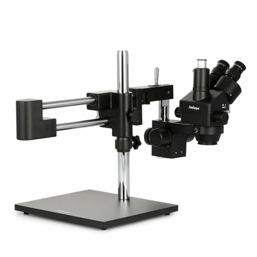 AmScope SM-4TZZ-B 180X Microscopio estéreo trinocular zoom con negro | 3.5X-180X Magnification Range 76mm Stereo Microscope Holder Ring 360° Multi-Axis Head Rotation Powder-Coat Black