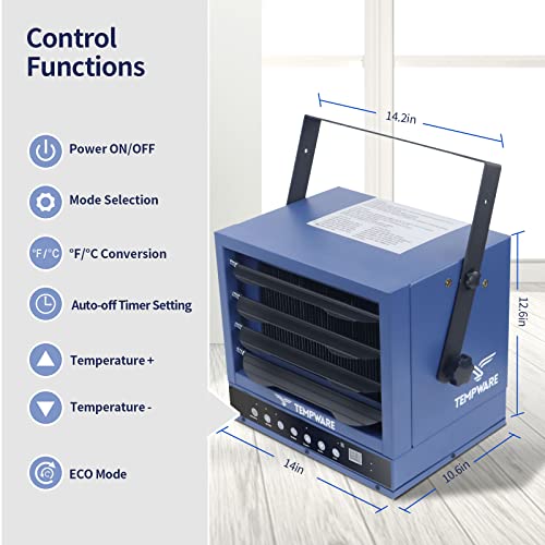 Calentador eléctrico de cochera, 7500 W, con ventilador digital forzado para montaje en techo, calentador de tienda con control remoto de función completa, calentador con cable de 240 voltios con temporizador de 12 horas, ideal para taller