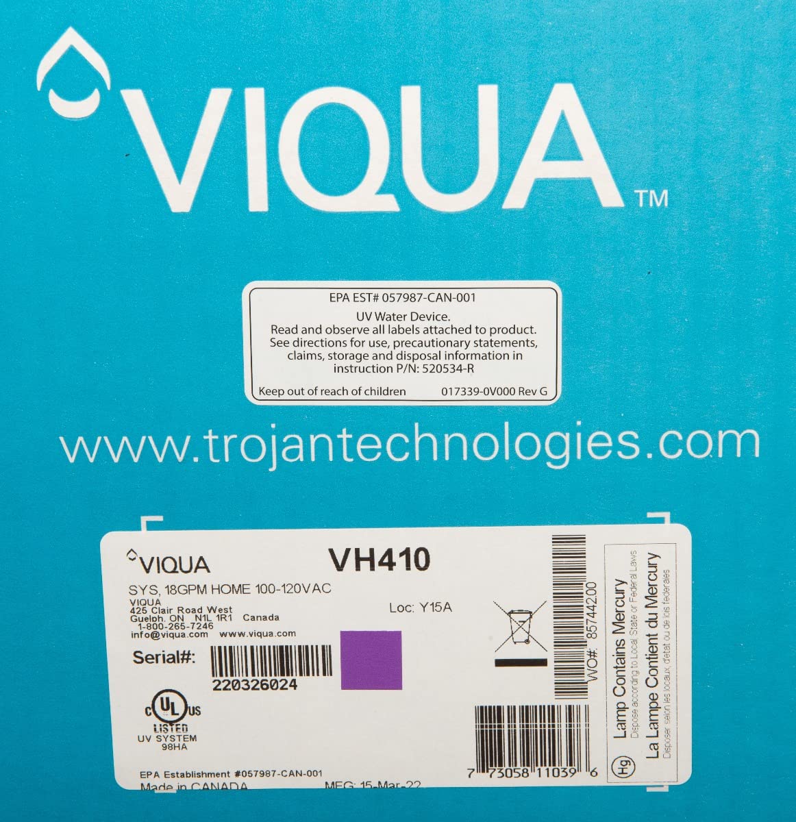 Viqua VH410 Sistema de Agua Ultravioleta para el Hogar de Acero Inoxidable - 18 GPM 3/4 MNPT 120V