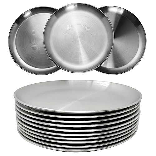 Platos de acero inoxidable 304 de 9 pulgadas, ligeros, irrompibles, juego de platos de cena no tóxicos, aptos para lavavajillas, sin BPA y saludables (10 piezas)