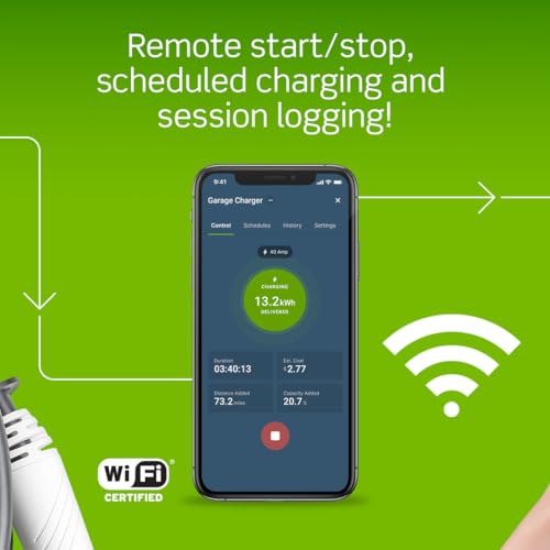 Leviton EV40P Cargador inteligente EV de nivel 2 con Wi-Fi, 40 A, salida de 9.6kW, cable de 25 pies, NEMA 14-50P, estación de carga EV para enchufe interior/exterior, compatibilidad con My Leviton