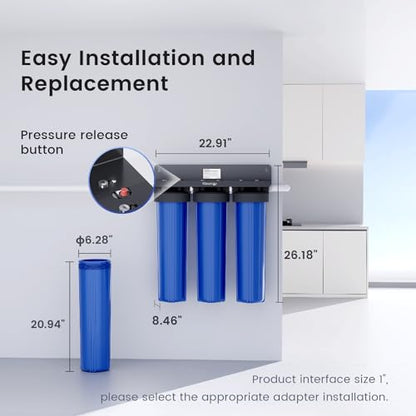 Waterdrop Sistema de filtro de agua de 3 etapas para toda la casa, con filtro de carbono y filtro de sedimentos, filtración de 7 etapas que reduce altamente el plomo, el cloro, el olor y el sabor,