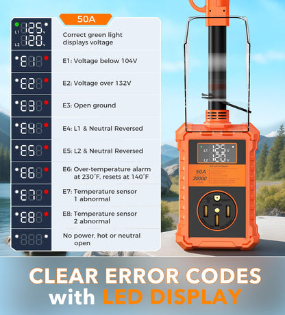 Protector contra sobretensiones RV de 50 amperios, 20000 julios, analizador de circuitos RV con pantalla LED, adaptador de enchufe para caravanas de viaje (50 A con pantalla LED)