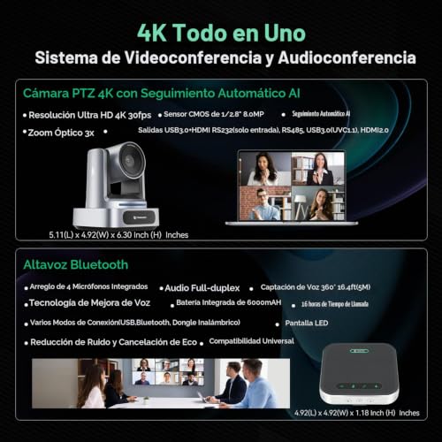 TONGVEO US-EZ3H4K+M2B - Sistema de cámara de sala de conferencias 4K, cámara PTZ 4K de seguimiento automático con IA Zoom óptico 3x Zoom óptico de 92 ° y altavoz Bluetooth 16.4 pies de recepción de voz para conferencias