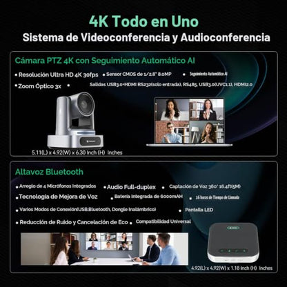 TONGVEO US-EZ3H4K+M2B - Sistema de cámara de sala de conferencias 4K, cámara PTZ 4K de seguimiento automático con IA Zoom óptico 3x Zoom óptico de 92 ° y altavoz Bluetooth 16.4 pies de recepción de voz para conferencias