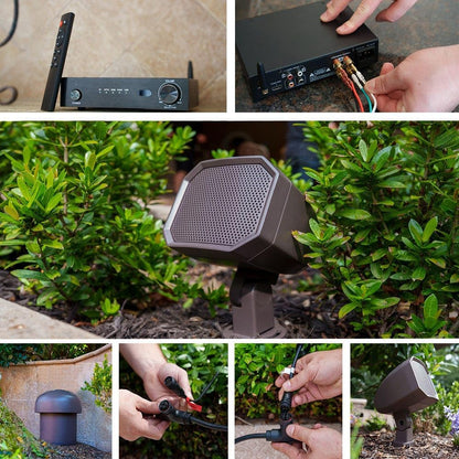 VOLT Sistema de audio para exteriores OHM 4.1 con 4 altavoces satélite, subwoofer y amplificador Bluetooth, proporciona cobertura de hasta 1300 pies cuadrados VAU-KIT3-PBZ