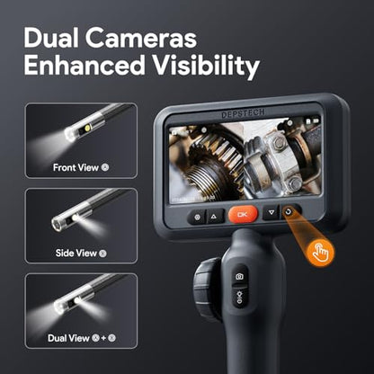 DEPSTECH Cámara endoscopio articulada de 10 pies con luz: boroscopio industrial articulado bidireccional de doble lente con pantalla de 4.5" y cable de serpiente, herramienta automotriz de cámara de inspección para pared, tubería, mecánico DS650DL-3m