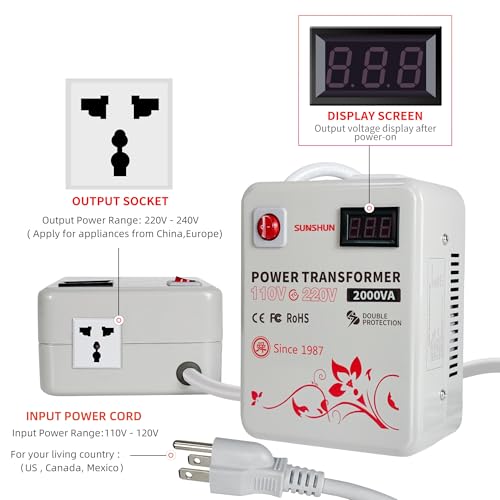 SUNSHUN Convertidor de 110 V a 220 V, transformador elevador de 2000 W de 110 V a 220 V con pantalla de voltaje para electrodomésticos asiáticos europeos de 220/240 voltios utilizados en EE. UU
