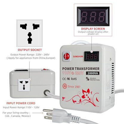 SUNSHUN Convertidor de 110 V a 220 V, transformador elevador de 2000 W de 110 V a 220 V con pantalla de voltaje para electrodomésticos asiáticos europeos de 220/240 voltios utilizados en EE. UU