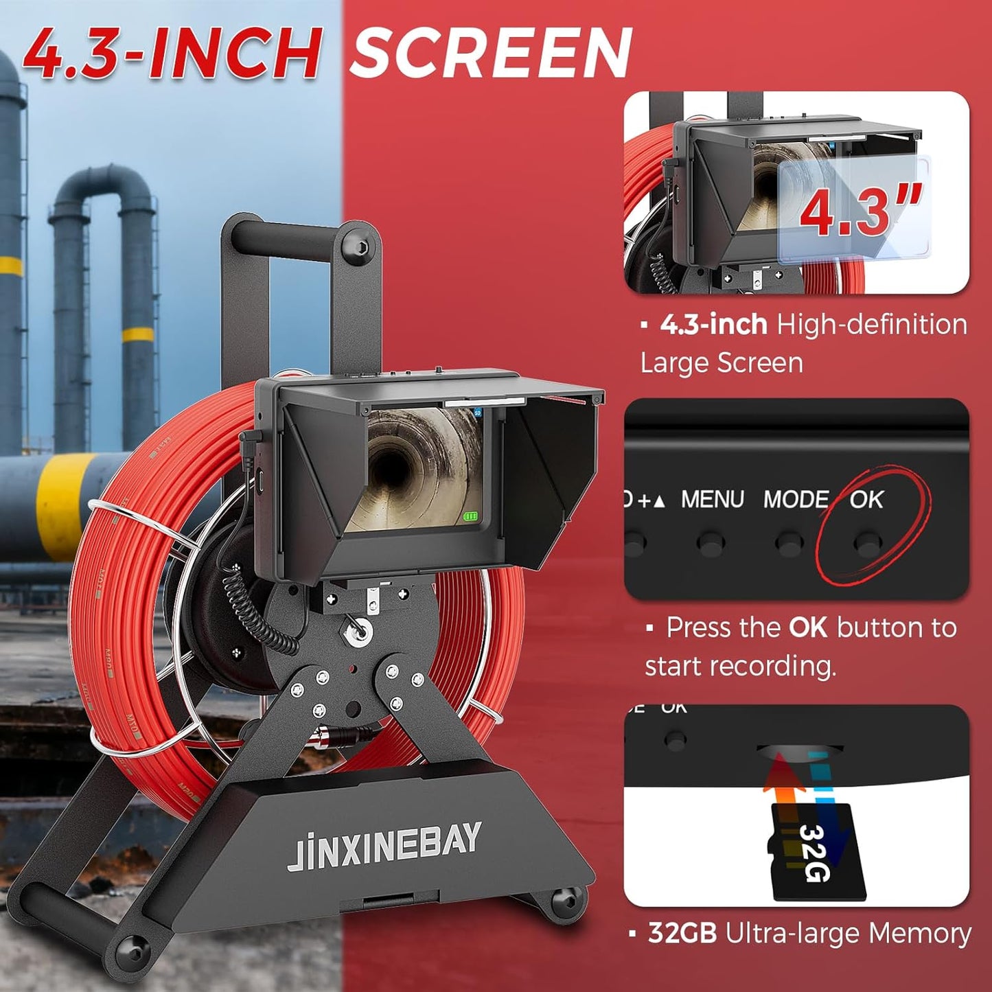 Cámara de inspección de tubería de alcantarillado, monitor IPS de 4.3 pulgadas, tarjeta TF de 16 GB DVR, IP68 1200TVL HD cámara de 98.4 ft/cable de fibra de vidrio de 30m/100 pies, visión