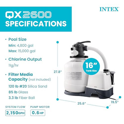 Intex Bomba de filtro de arena y sistema de agua salada para piscinas de hasta 15,000 galones, Krystal Clear - Control automático de algas y limpieza de piscinas sobre el suelo