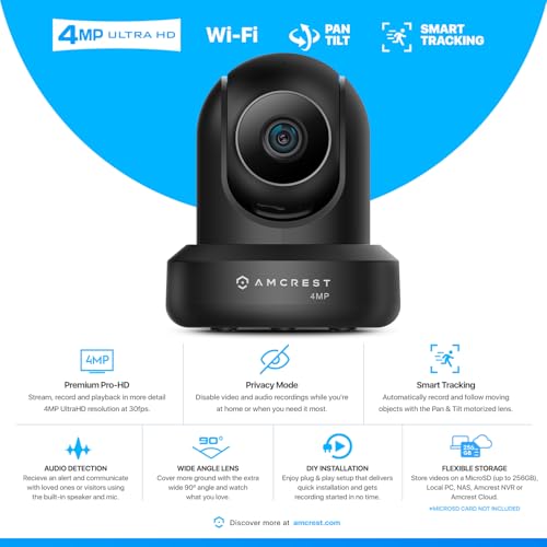 Amcrest WiFi interior ProHD de 4 MP, cámara IP de seguridad con panorámica/inclinación, audio bidireccional, visión nocturna, visión remota, 4 megapíxeles @30 FPS, amplio FOV de 90 °, IP4M-1041B