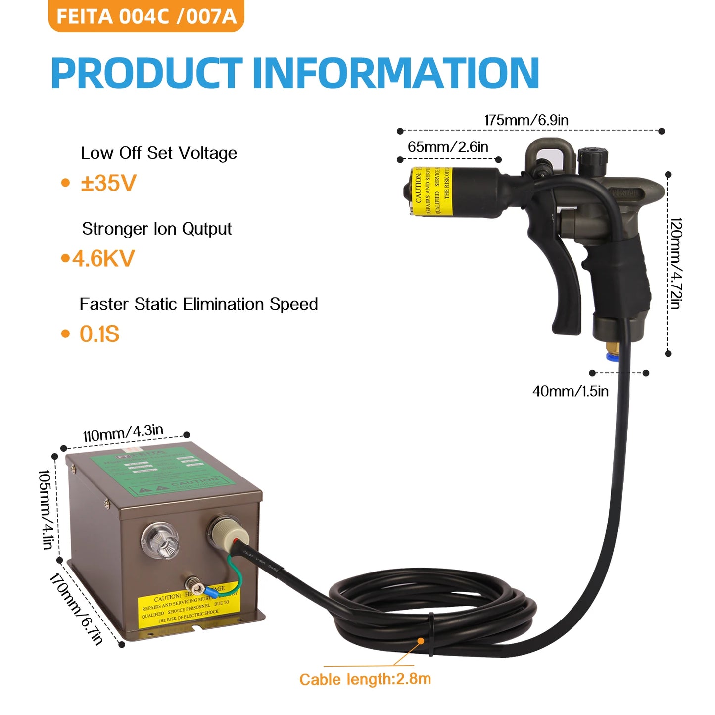 FEITA FT-004C Pistola de aire ionizante , pistola antiestática, volumen de aire ajustable, eliminador electrostático de alta calidad para eliminar electrostatos