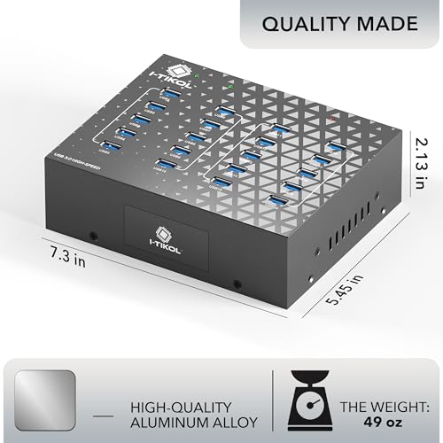 I-Tikol Concentrador divisor USB 3.0 de 20 puertos con fuente de alimentación, transferencia de datos de alta velocidad para computadora de escritorio, laptop, disco duro, PC, expande y acelera hasta 5 Gbps