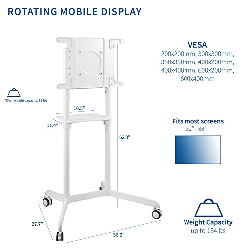 VIVO Carrito de TV móvil premium para pantallas de 32 a 88 pulgadas de hasta 154 libras, Samsung Digital Flipchart, Microsoft Surface Hub 2S, vertical a paisaje, estante, ruedas, VESA máximo de 600 x 400, blanco, STAND-TV02PW
