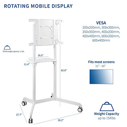 VIVO Carrito de TV móvil premium para pantallas de 32 a 88 pulgadas de hasta 154 libras, Samsung Digital Flipchart, Microsoft Surface Hub 2S, vertical a paisaje, estante, ruedas, VESA máximo de 600 x 400, blanco, STAND-TV02PW