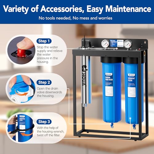 HQUA WF3-03 - Sistema de filtración de agua de 3 etapas para toda la casa, filtro UV incluido, reduce los metales pesados (plomo, mercurio, arsénico, cadmio, cromo), PFAS, cloro, sedimento, olor y compuestos orgánicos volátiles (COV) 6010101