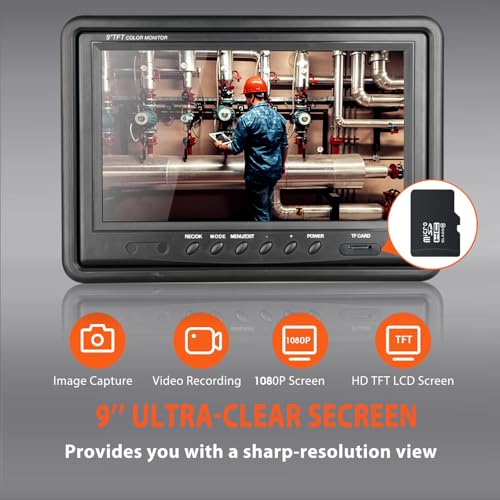 9 ""Monitor 100 pies/98.4 ft cámara de video de inspección de tuberías, IP68 impermeable 1080P drenaje alcantarillado sistema endoscopio industrial con cámara de marca de distancia DVR