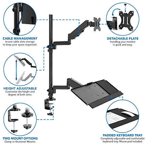MOUNT-IT! Soporte de escritorio para monitor de pie sentado [se adapta a pantallas de 32 pulgadas] brazo articulado de movimiento completo con bandeja para teclado y gestión de cables (negro)