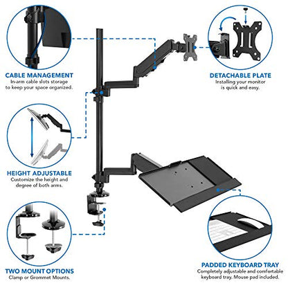 MOUNT-IT! Soporte de escritorio para monitor de pie sentado [se adapta a pantallas de 32 pulgadas] brazo articulado de movimiento completo con bandeja para teclado y gestión de cables (negro)