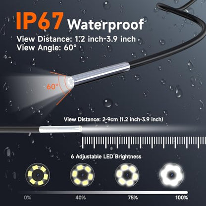 Cámara endoscopio industrial de 0.154 in, cámara de inspección de boroscopio Oiwak HD 1080P pantalla IPS de 4.3 pulgadas, 6 luces LED, cable semirrígido, funda de transporte, cámara de serpiente de alcantarillado impermeable IP68 (5 pies)