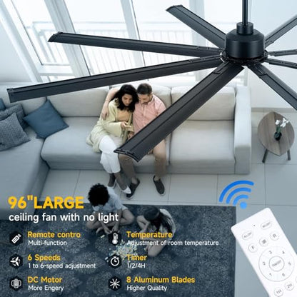 ZOEYON 96IN-Black- Ventilador de techo industrial de 96 pulgadas - Ventilador de techo grande con motor CC, 3 varillas de suspensión, control remoto de 6 velocidades, 8 cuchillas reversibles de aluminio