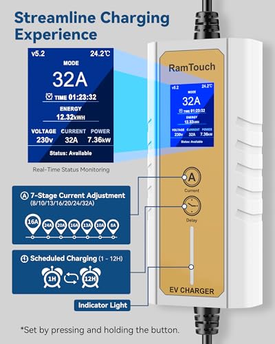 RamTouch Mobile Wallbox (7,4 kW, Tipo 2, Conector CEE 32 A, 6,5 m), Cargador EV con función de Carga Ajustable y planificada de 8 a 32 A, Cable de Carga Tipo 2, Compatible con vehículos eléctricos e