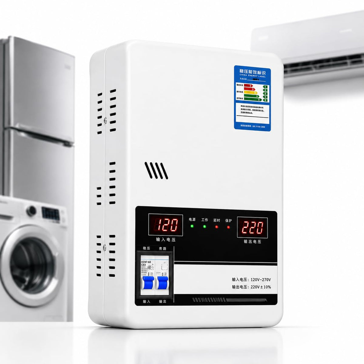 Estabilizador automático del voltaje, regulador de voltaje de CA del hogar Montado en la pared, pantalla LCD, bobina de cobre puro, 6 funciones de protección, entrada de 120-280 V