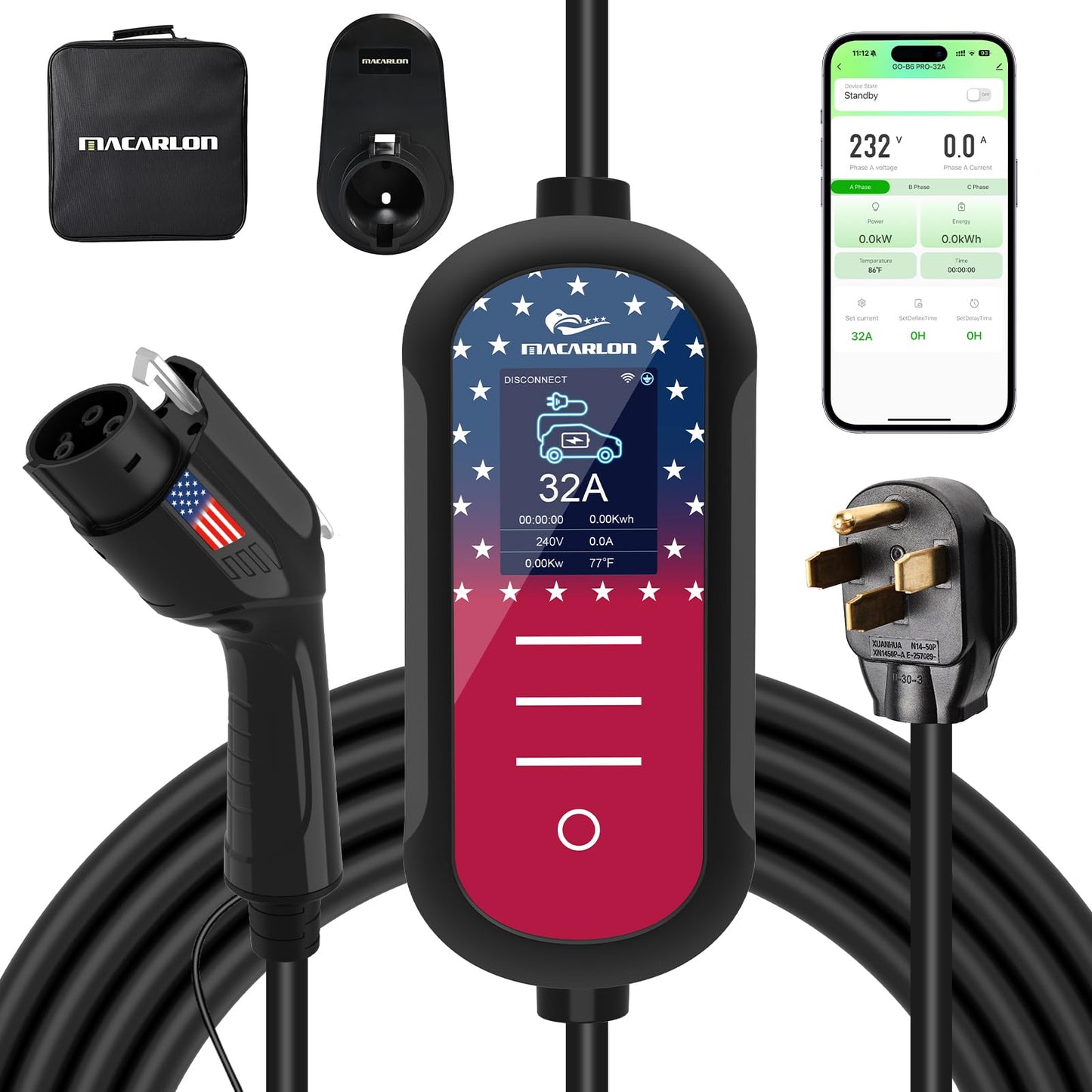 Cargador EV de nivel 2 32A, 240V, 7.68 KW, enchufe NEMA 14-50, cargador de vehículo eléctrico portátil, cable de 25 pies, Plug & Play para J1772, para hogar y exterior (negro) A70527 - QJHH4700527
