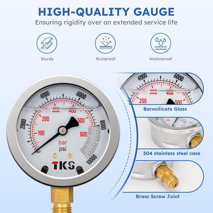 Kit de prueba de presión hidráulica, 5 indicadores (10/100/250/400/600bar) 60mpa 13 acoplamientos de prueba, 14 conectores en T, 5 mangueras de prueba con estuche de transporte portátil