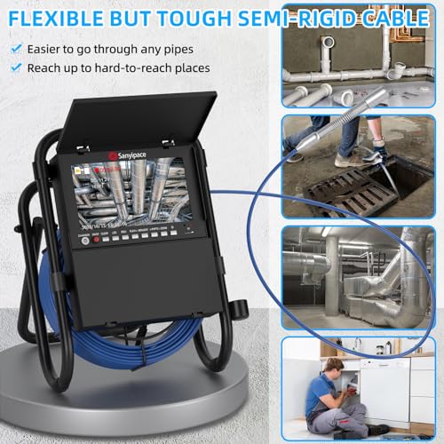 Sanyipace Cámara de alcantarillado con localizador 165FT/50M, cámara de drenaje con transmisor de 512Hz, Cámara de inspección de tubería de plomería con micrófono, contador de distancia, pantalla a