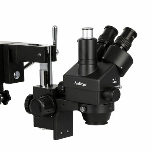 AmScope SM-4TZZ-B 180X Microscopio estéreo trinocular zoom con negro | 3.5X-180X Magnification Range 76mm Stereo Microscope Holder Ring 360° Multi-Axis Head Rotation Powder-Coat Black