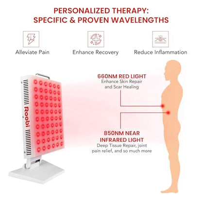 Roobi Terapia de luz roja 660nm 850nm infrarrojo cercano, doble chip parpadeo libre LEDs, soporte ajustable, 60 LED, grado clínico para energía, dolor, piel, recuperación, rendimiento.