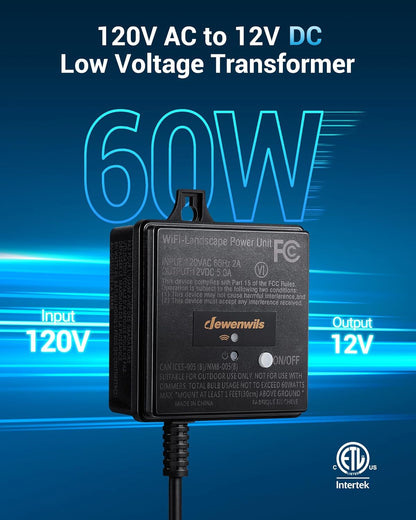 DEWENWILS Transformador de bajo voltaje WiFi de 60 W, 120 V CA a 12 V CC, transformador inteligente de paisaje de bajo voltaje para exteriores con temporizador, funciona con Alexa y Google Home,
