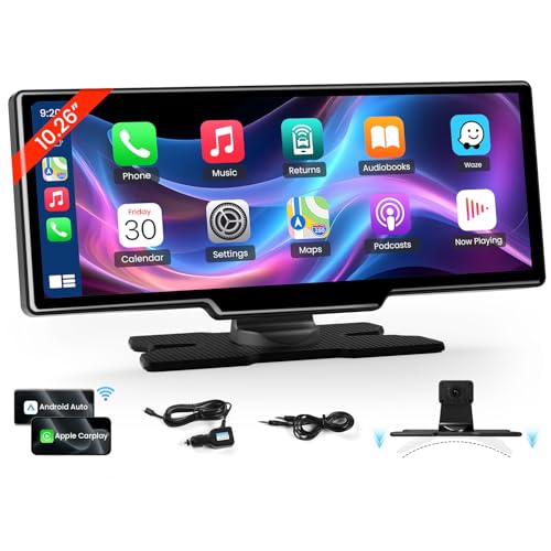 Pantalla Carplay inalámbrica de 10.26 pulgadas para automóvil, estéreo portátil para automóvil con Carplay y Android Auto, receptores de audio para automóvil con navegación GPS TECXERLLON