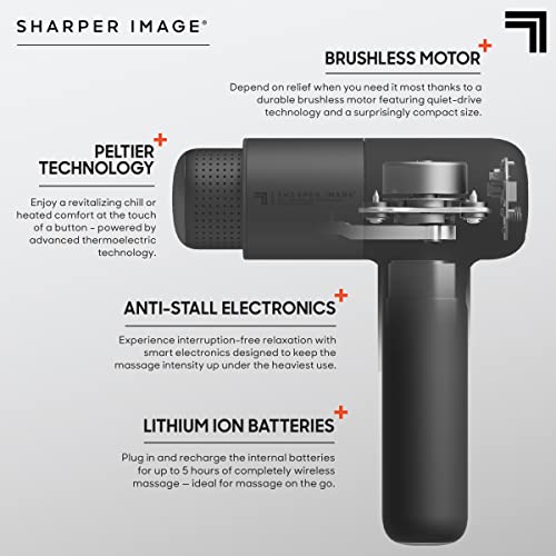 Sharper Image® Powerboost® Pro+ Pistola de masaje de tejido profundo caliente y frío - 6 velocidades, 6 accesorios, batería de 5 horas, estuche de viaje, base de carga, masajeador #1015848
