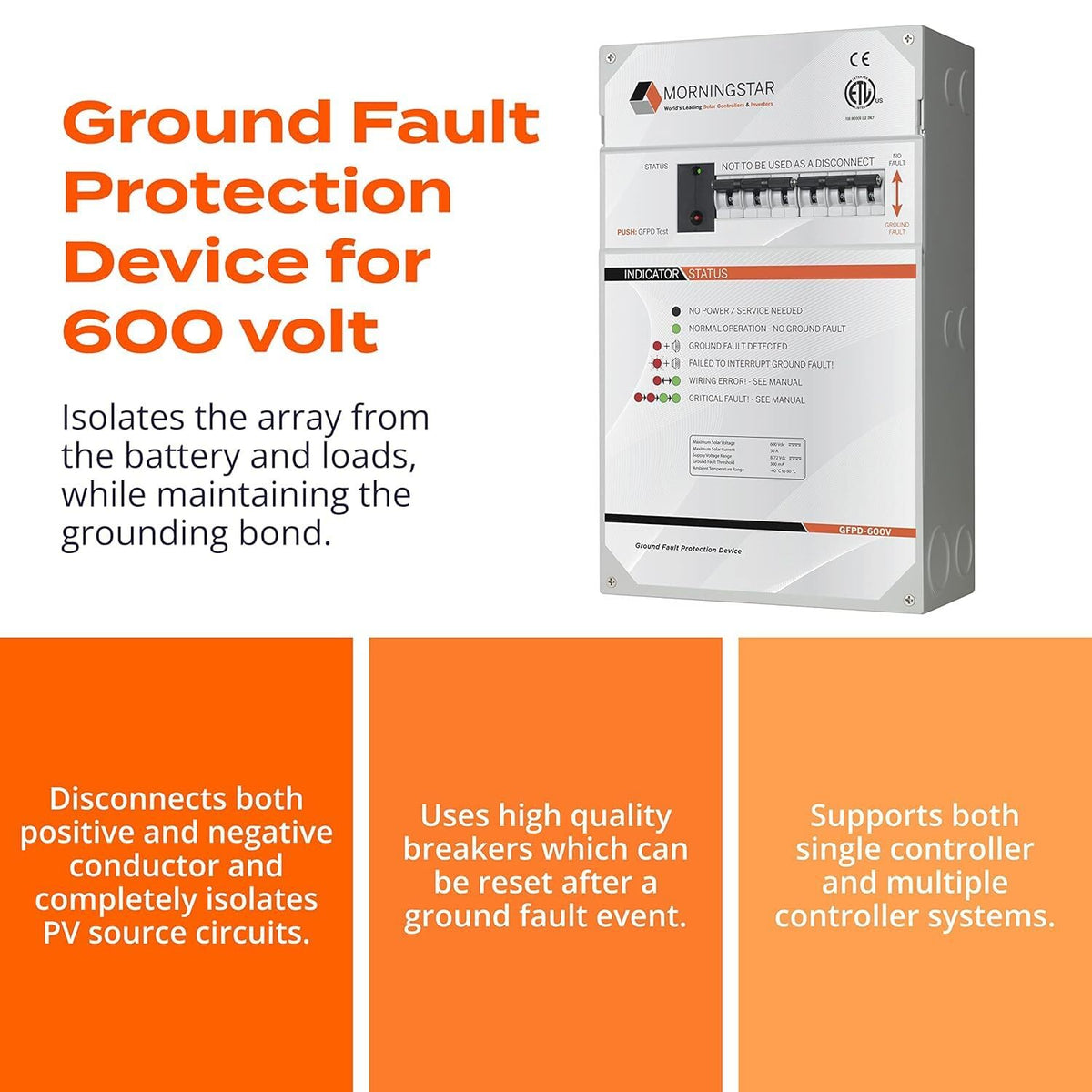 Morningstar - Dispositivo de protección contra fallas de tierra (GFPD-600V) para controladores de carga Tristar MPPT de 600 V, no requiere fusibles, instalación simple y flexible, diseñado en los